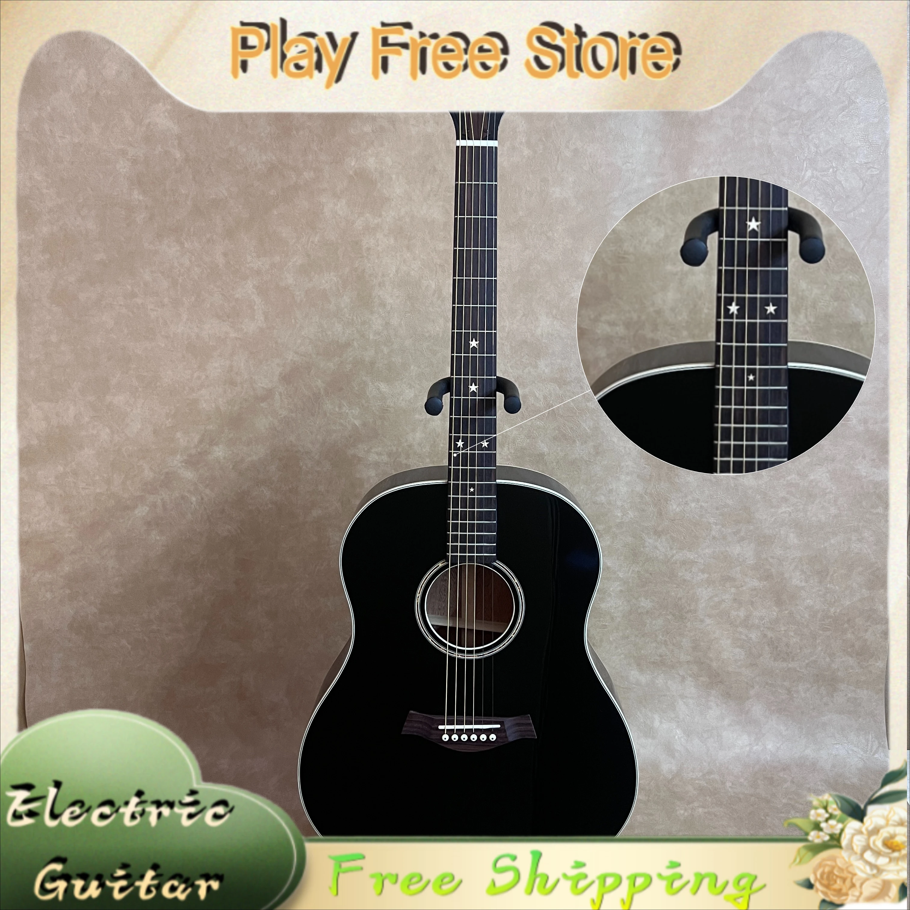 OM Body Gloss Black Acoustic Guitar C17-Star Inlay Solid Spruce Top Rosewood Back Folk Guitar for Singing Fingerstyle