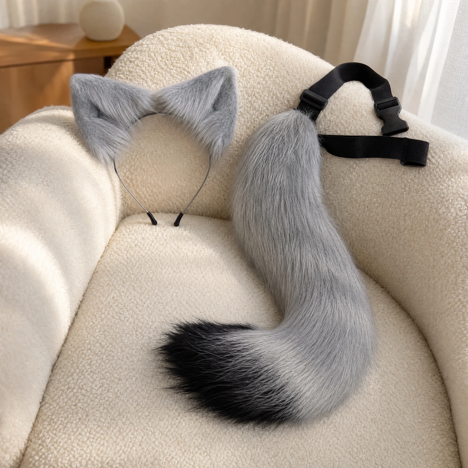 Faux-Fuzz Feline Tail with Cat-Ear Headband Soft Feline-Tail Costume Accessory with Headband One Size Fits Most Cute