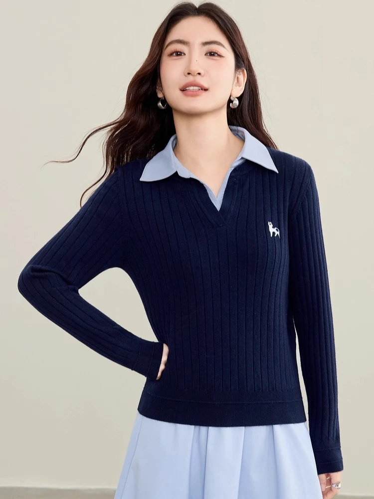 

SENTUBILA Women's Fake Two-Piece Pullover Sweater Autumn 2025 Commuter Contrast Color Splicing Double Layer Collar Top W53EC3546