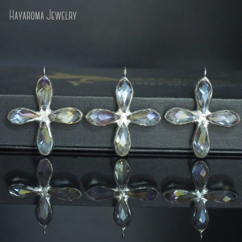 10Pcs Jesus Jewelry Handmade Cross Crisscross Glass Aqua Aura Soldered Tin Alloy Christian Wholesale Pendant PM49471