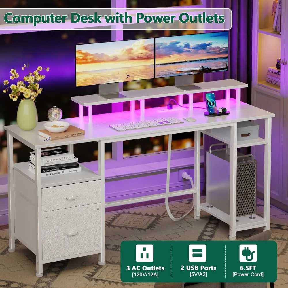 Reversible Gaming Desk with Power Outlet, LED Lights, File Cabinet, and Monitor Stand for Home Office Use