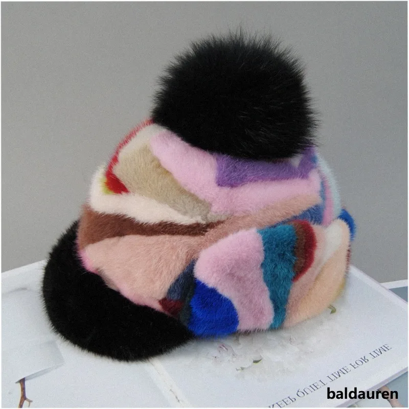 Colorful Fur Hat For Women Real Mink Fur And Fox Fur Handmade Winter Female earflap cap Genuine Fur Natural fox fur pompom hats
