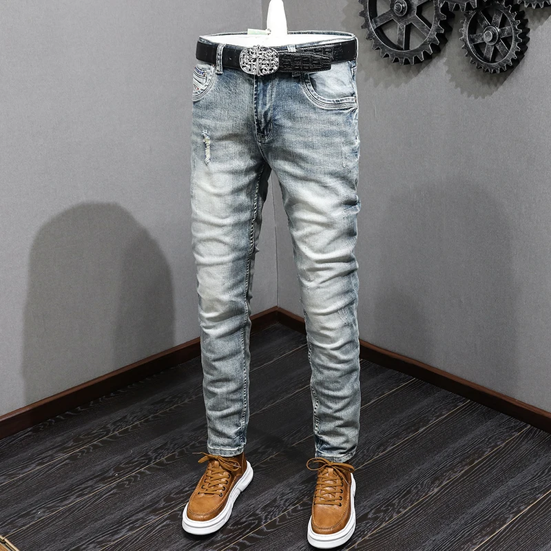 

Fashion Designer Men Jeans High Quality Retro Washed Blue Stretch Slim Fit Ripped Jeans Men Printed Vintage Denim Pants Hombre