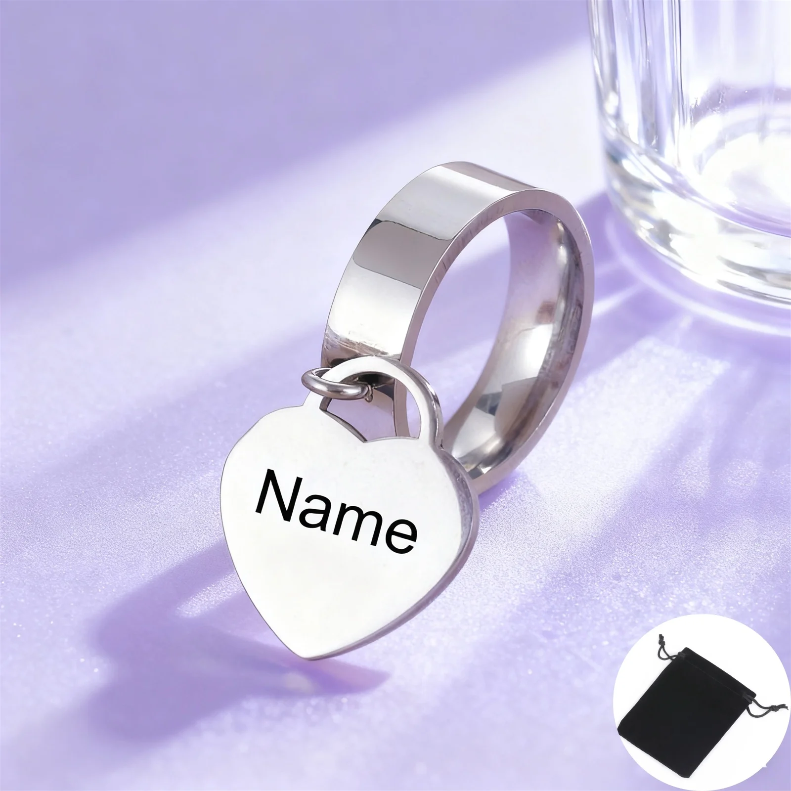 Customized Name Text Date Love Pendant Ring Stainless Steel Simple Heart shaped Personalized Ring Name Couple Ring Fashion Gift