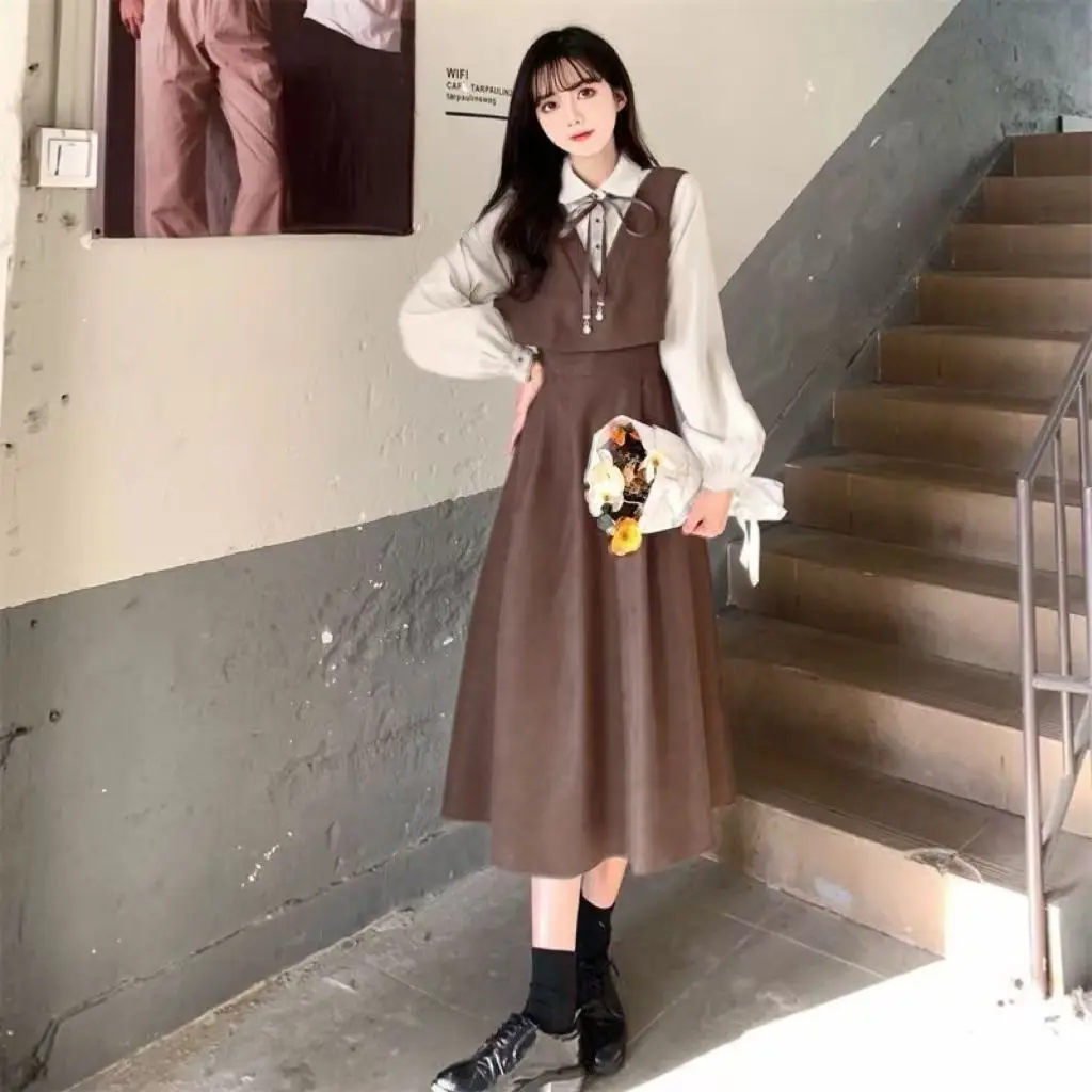 Kawaii Dress Suits 2022 Spring Autumn New Japan School Girl Student Doll Collar Long Sleeve Dress + Cape Shawl Two-piece Set