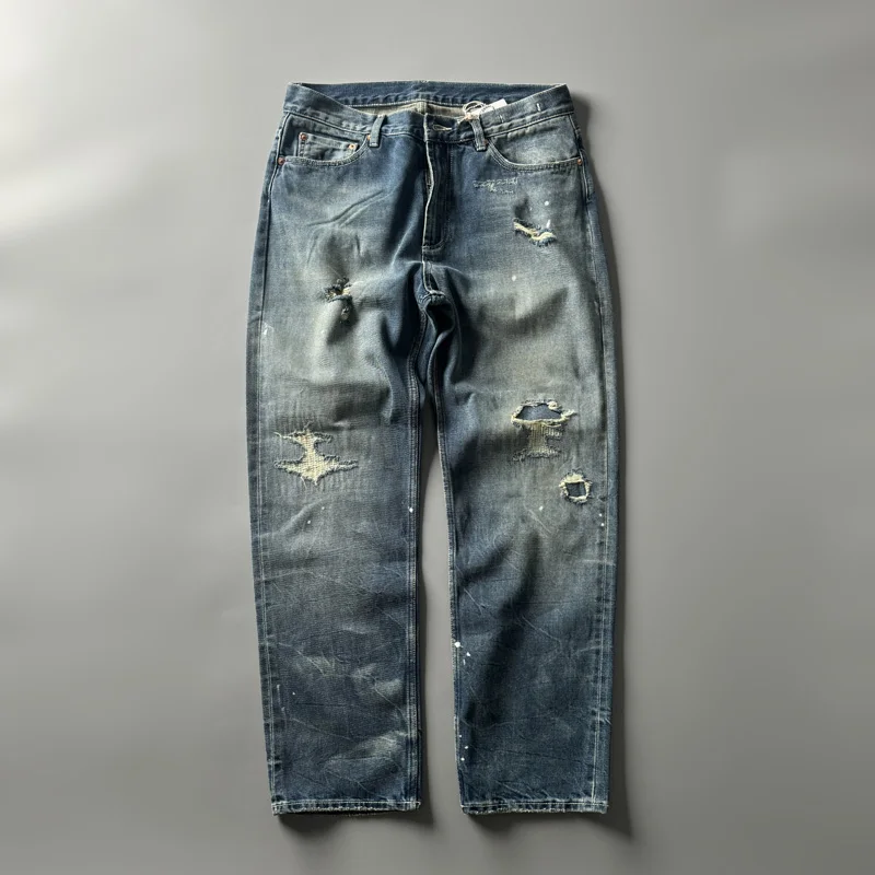 

X5497 Red Ear Straight Leg Jeans Patched Vintage Heavy Du Wide Fit Staed Waed Hole Punch Jeans Youthful Vitali Sle