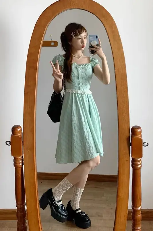 

Mint Green Square Neck Puff Sleeve Patchwork Dress 2025 Women's Summer Youthful A-Line Sweet Casual Dress Fresh Aesthetic Design