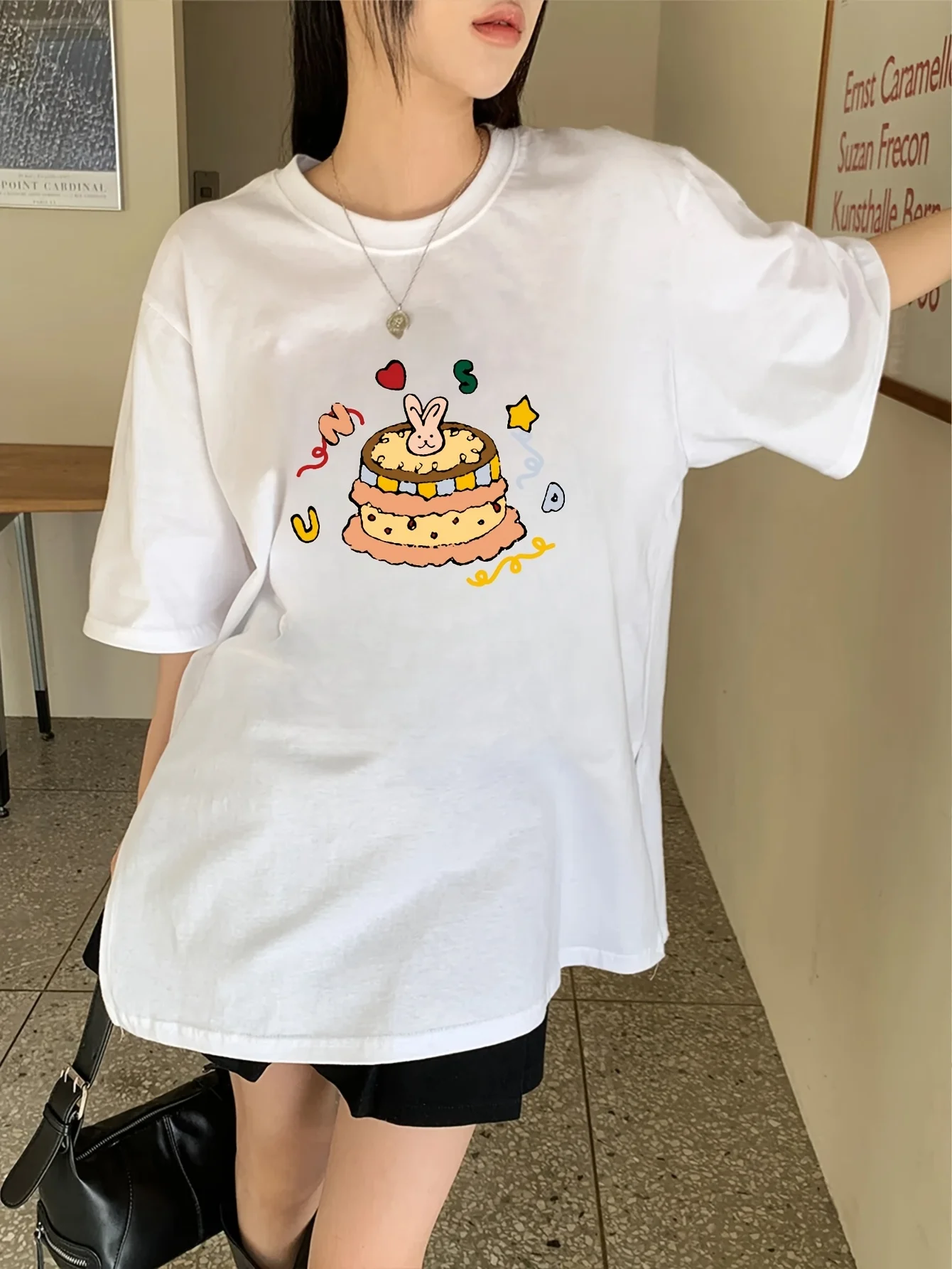 

Summer Short Sleeve with Adorable Cartoon Letter Print White Casual Harajuku Sleeve Clothing Street Tops Tees Aesthetic Clothes