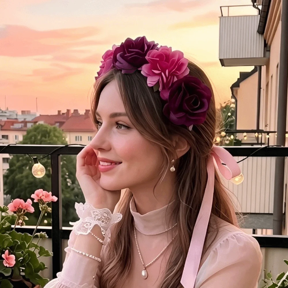 

Romantic Floral Headband Wreaths Garland Vintage Artificial Flower Crown Lightweight Elegant Bohemian Hair Accessories Festival