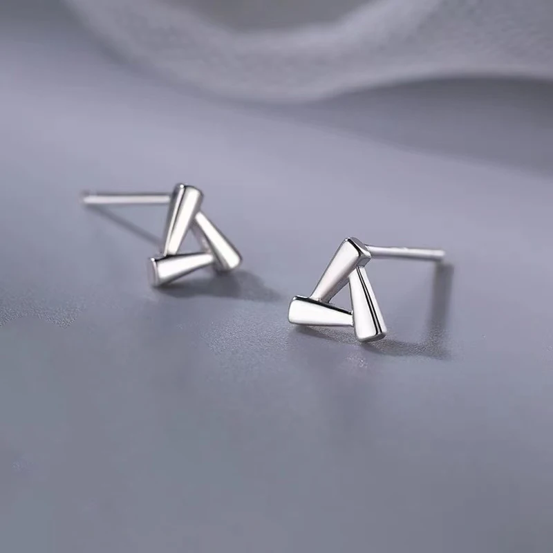 Real 925 Sterling Silver Triangle Square Mini Stud Earrings For Women Classic Geometric Fine Jewelry Small Niche  Accessories