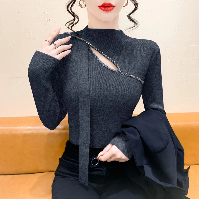 Ele oco para fora malhas feminino f gola alta sa camisola emagrecimento camada base outono inverno topo faion design