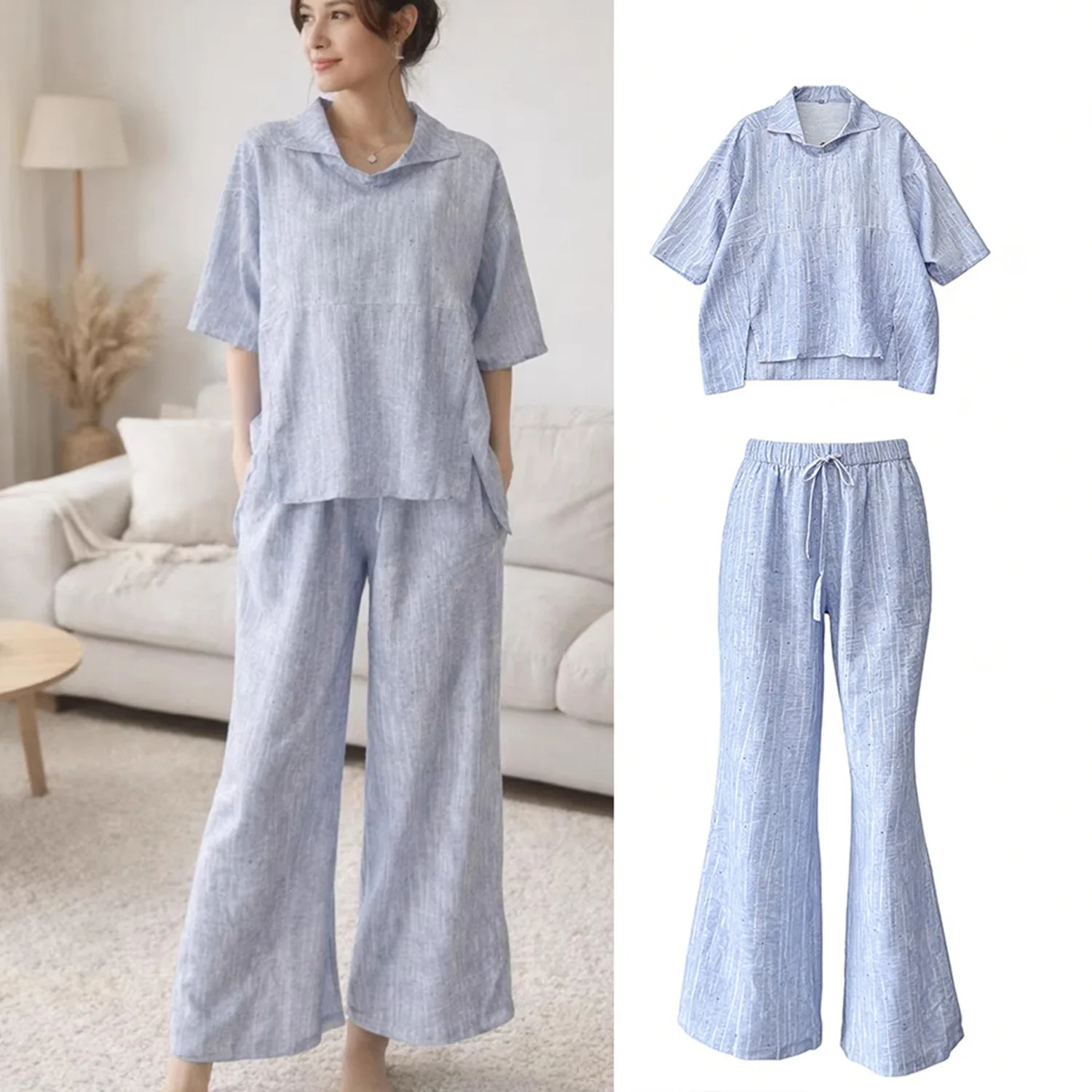 

WXOY Cotton Linen Loose Pajama PJs Short Sleeve Shirt Wide Leg Trousers Set Lapel Stripe Glitter Casual Daily Wear