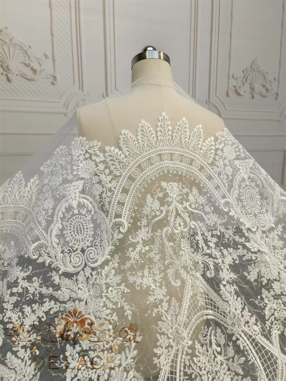 Simple Elegant Soft Shining Sequins Fabric French Corded Lace Mesh Bridal Wedding Dress Lace Fabric