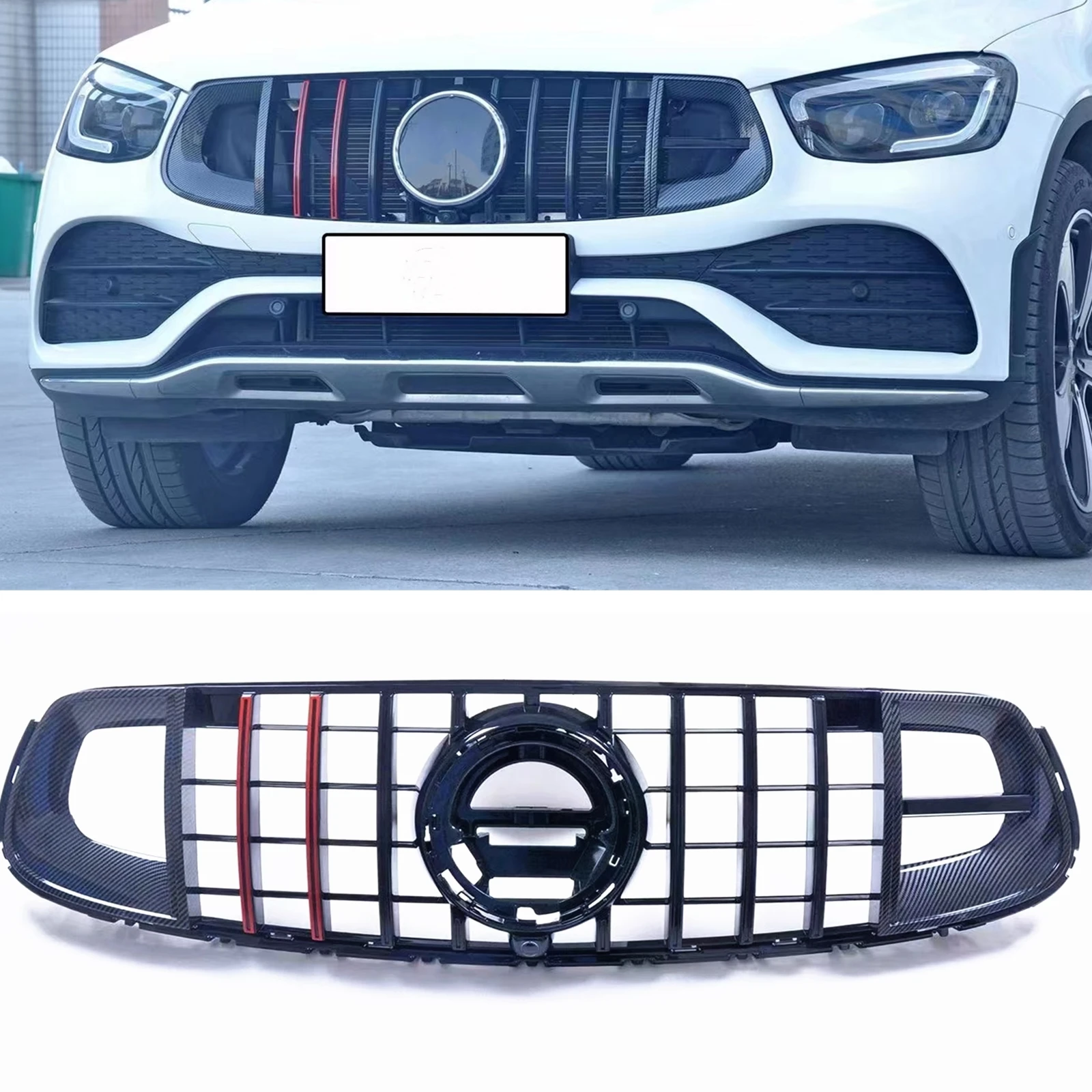 Black+Red Front Grille Grill For Mercedes Benz W253 X253 GLC Coupe GLC300 2020-2022 GLC43 AMG Upper Bumper Intake Hood Mesh Grid