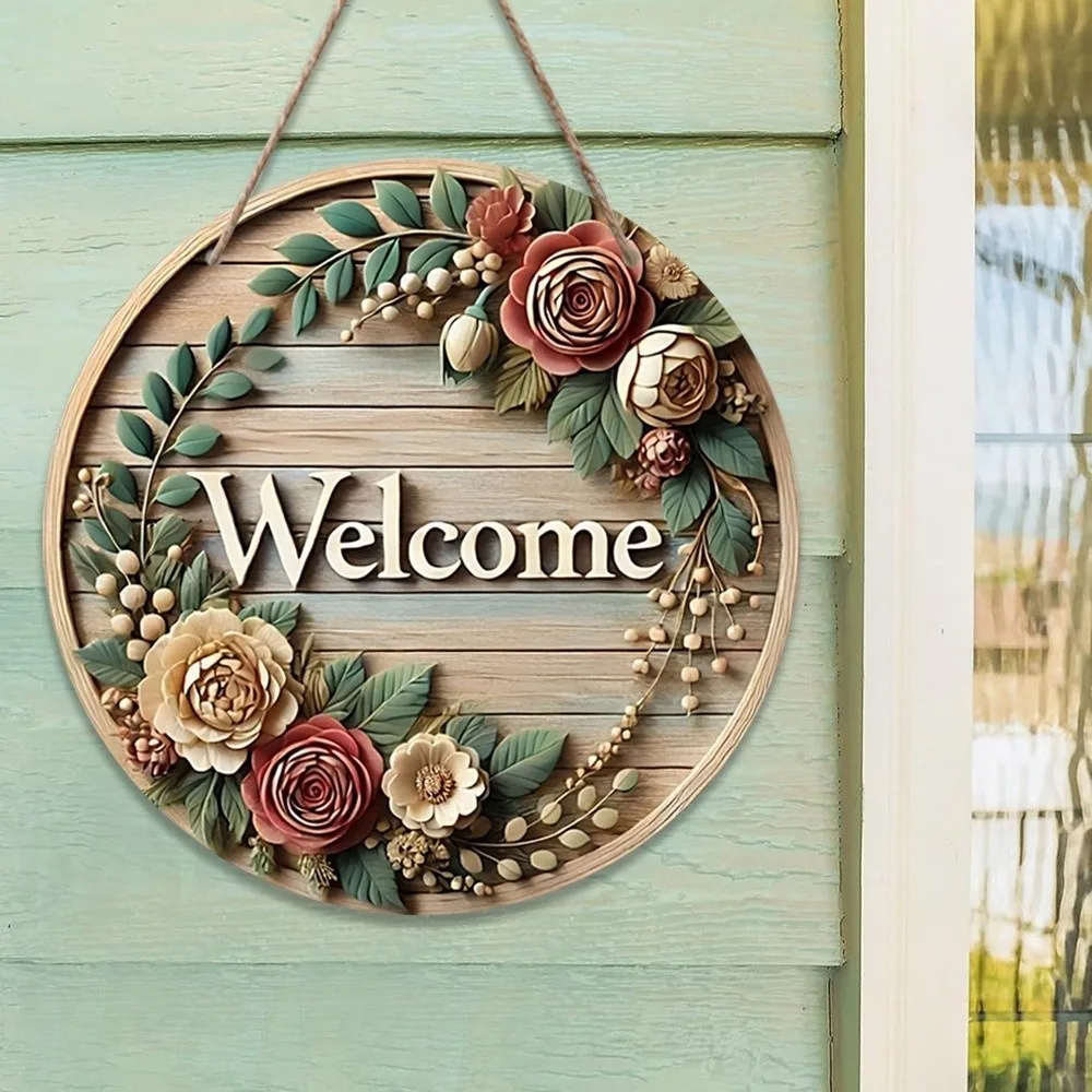 New 2D Flat 2D Round Welcome Sign Cat Print Floral Print Round Doorplate Warm Home Retro Style Hanging Plaque Home Decor