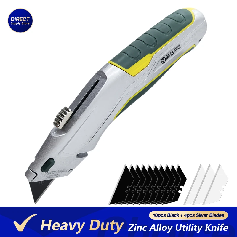 

Сверхмощный универсальный нож из цинкового сплава с 10 черными лезвиями, выдвижной коробка, резак, картон, картон, встроенное хранилище лезвий