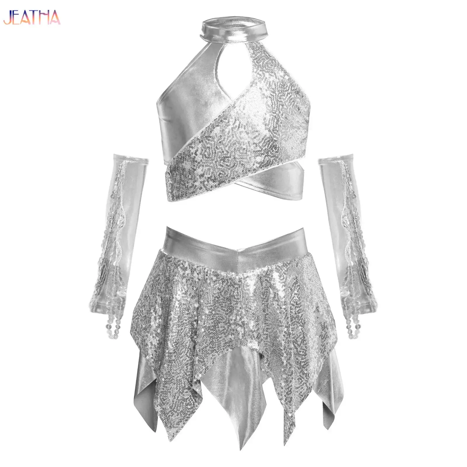 

Kids Girls 3 Piece Ballet Latin Jazz Dance Outfit Cross Metallic Crop Top Sequin Skirt With Tassels Gloves for Halloween