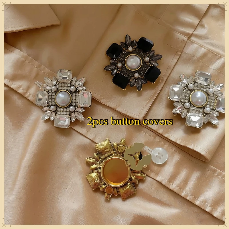 2PCS Fashion High Quality Crystal Pearl Button Covers for DIY Clothing Decorative Button,Alloy Shirt Sleeve Button Decoration