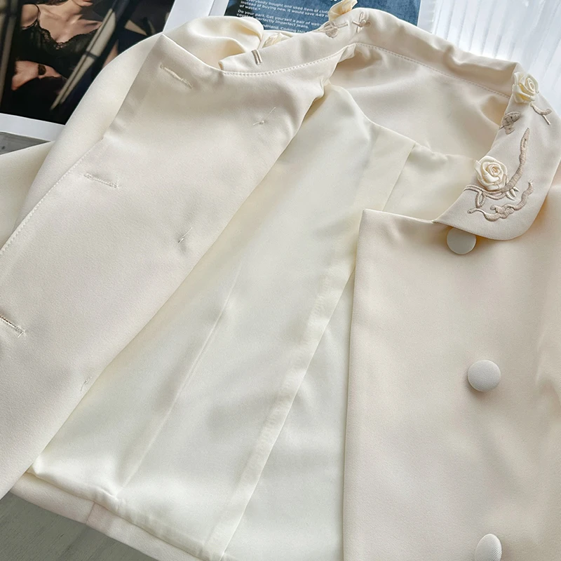 2 Piece Sets Women Handmade Flower Embroidered Blazer with Double-breasted Jacket Coat and Double-layered Mini Skirts with Lace