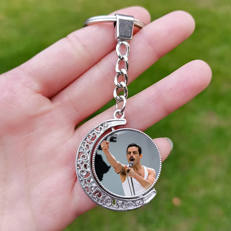 Double Sided Freddie Mercury Keychain Rotated Pendant Rock Band Singer Custom Picture Glass Key Chain Ring for Men Women Gifts