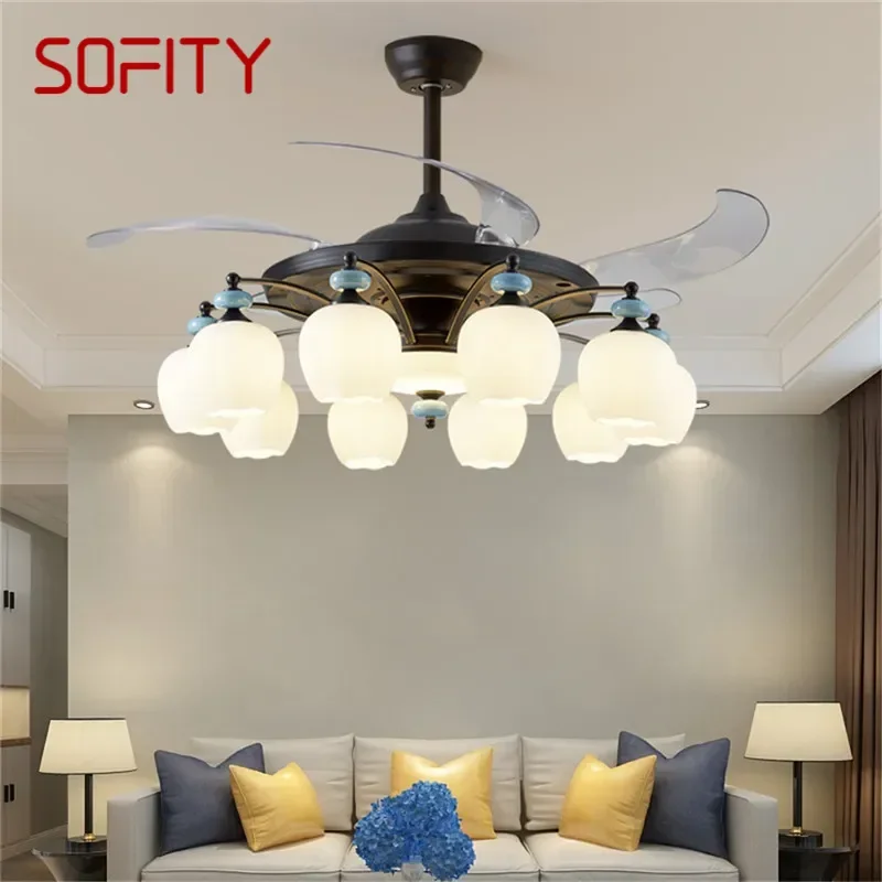 

SOFITY Modern Stealth Fan Light Luxury Living Room Restaurant Bedroom Ceiling Fan Light Remote LED Electric Fan Light