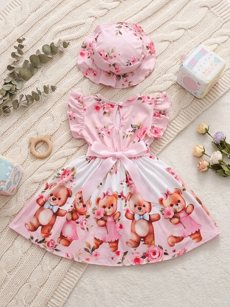 Toddler Baby Girl Floral Bear Print Dress with Hat Kids Summer Ruffle Sleeve Princess Dress Casual Outfit Set