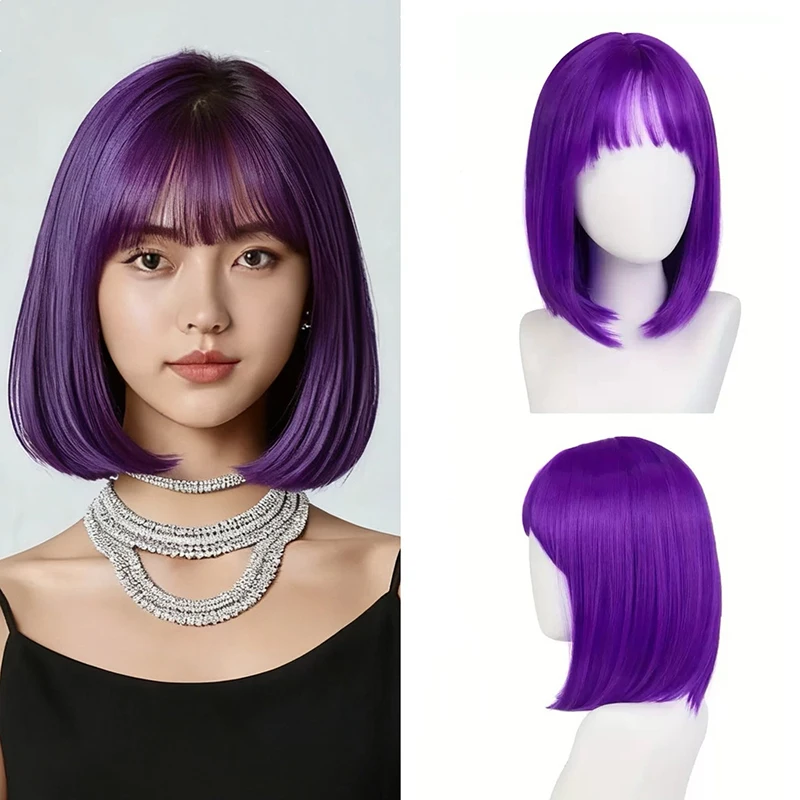 Donna Anime Cosplay Colorato Bob Taglio di capelli Abbigliamento natalizio Vesti Copricapo Parrucca moda Palla Lady Frangia dritta Capelli corti