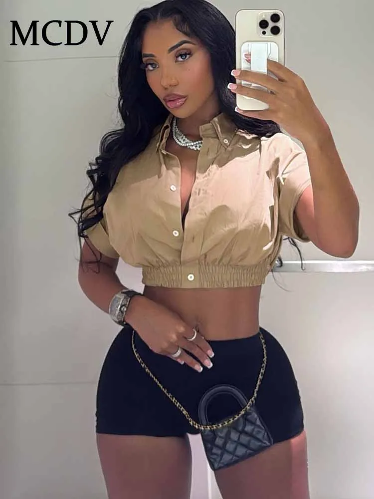 

MCDV Fashion Hipster 2 Piece Set Women New Single-Breasted Lapel Elastic Crop Jacket+Black Tight Shorts Matching Casual Outfits
