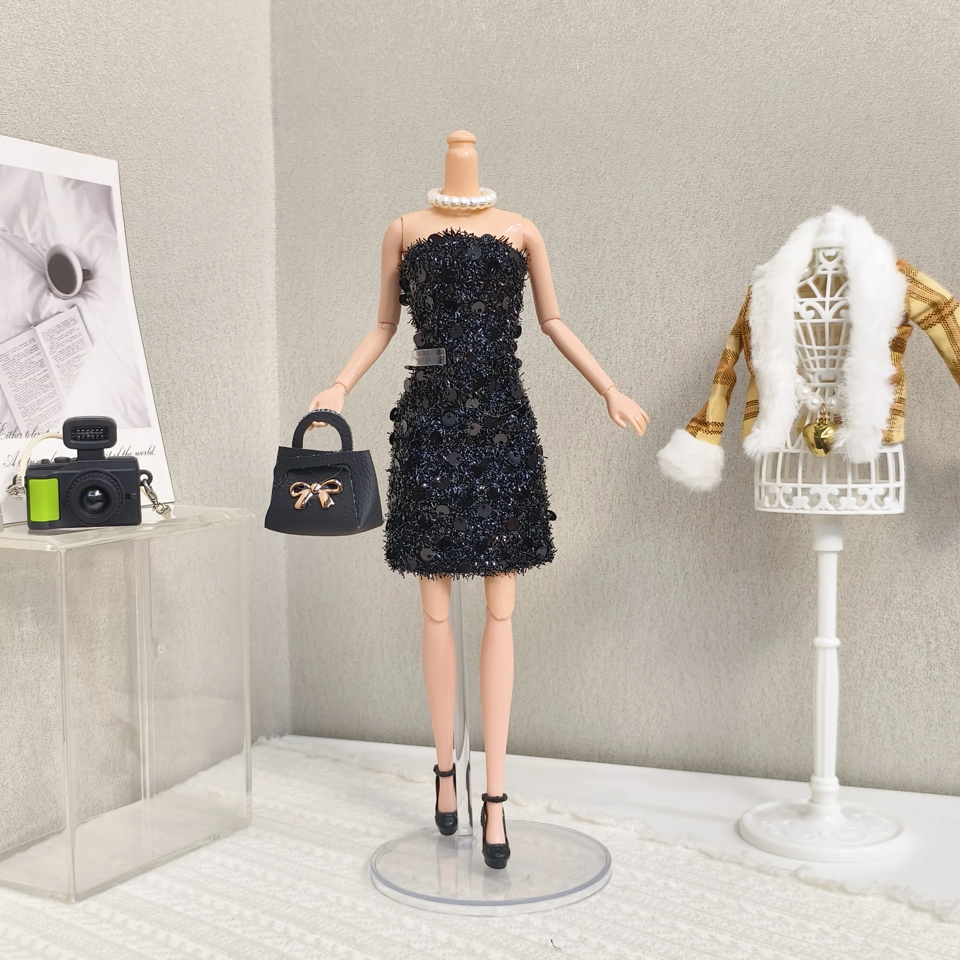 30 cm Pop Kleding Accessoires Winter Mode Plaid Harige Jas + Pailletten Jurk + Hoge Hakken Set Voor 1/6 BJD FR PP Supermodel Pop