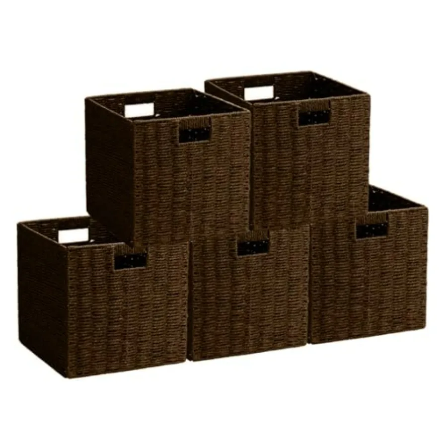 

5Pcs Woven Shelf Baskets 10.5'' Paper Rope Handmade Open Storage Bins Dark Brown Pantry Baskets Organization Basket Foldable St
