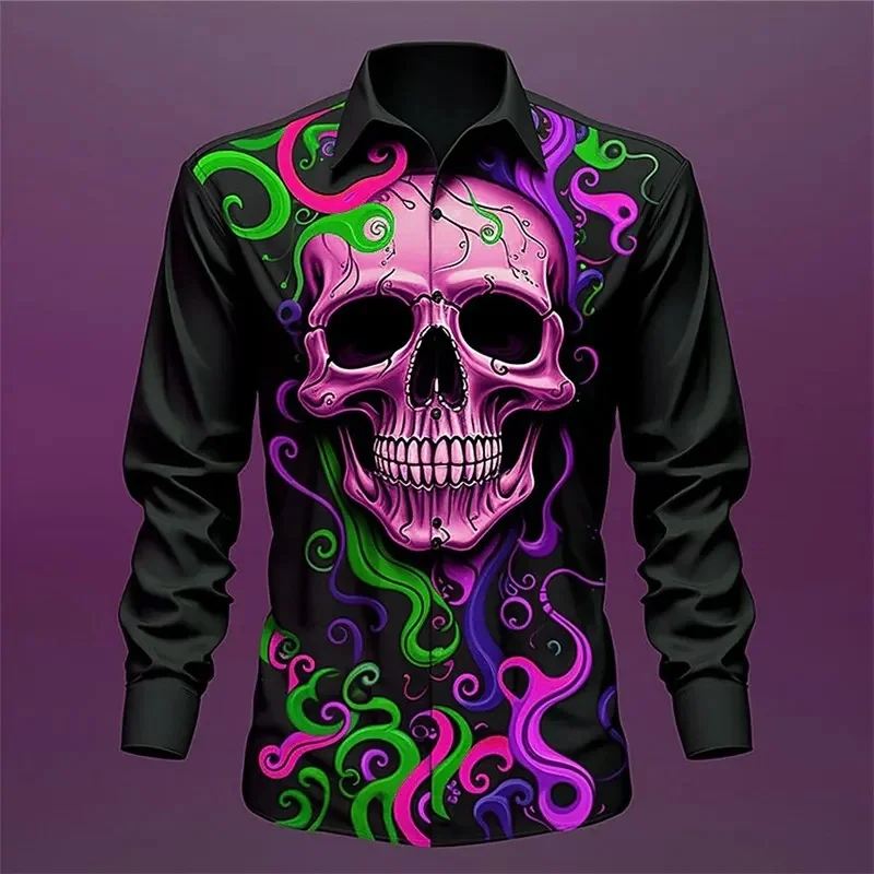 Men's Pink Purple Psychedelic Skull Swirl Graffiti Print Long Sleeve Shirt Lapel Button Tops For Festival Street Hip‑Hop Outfit