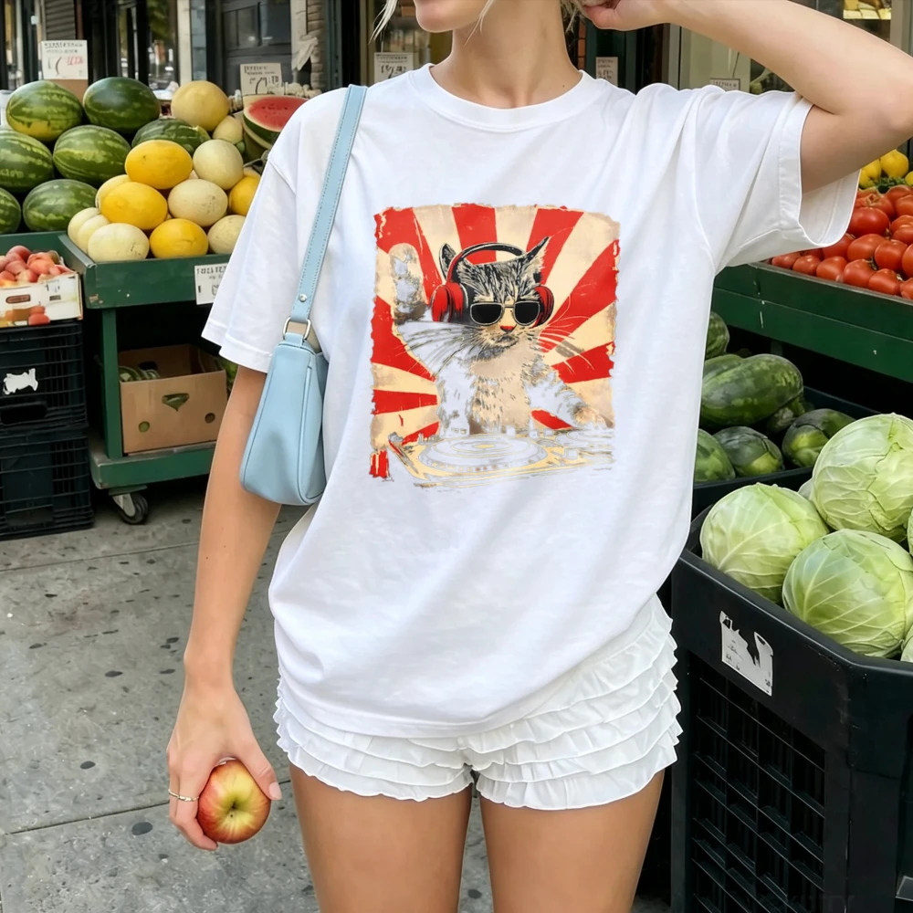 Vintage DJ Cat Wearing Headphones Sunglasses Tshirt Women Retro Sunset Disc Jockey Kitten Print Casual Cotton Music Lover Blouse - view 5