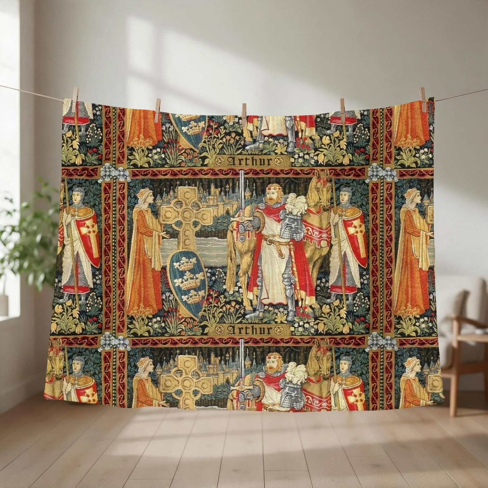 King Arthur Tapestry Excalibur Merlin Camelot Holy Grail Quest Throw Blanket couch cozy soft plush fuzzy picnic outdoor blanket