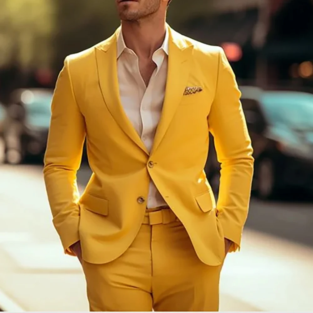 

Yellow Suits for Men Slim Fit Single Breasted Peak Lapel Blazer Handsome Wedding Groomsmen 2 Piece Jacket Pants Costume Terno