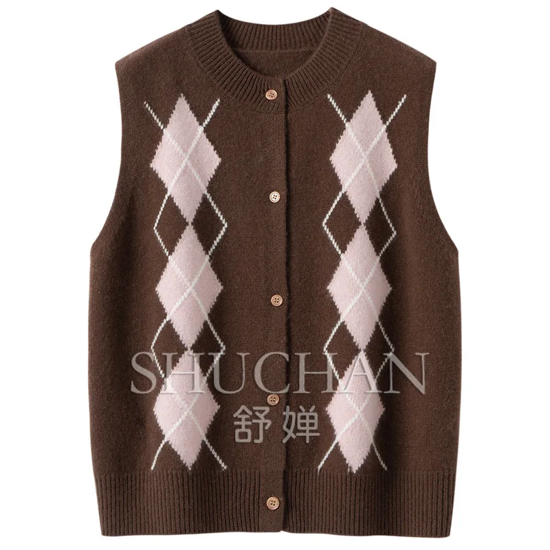 Knitted Vest 35% Cashmere 65% Wool 210g Tank Top Buckle Rhombus Inlaid Flower Versatile Sleeveless Women's Knitted Vest