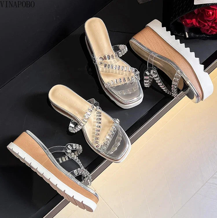 

Summer High Platform Women Slipper Transparent Rhinestones Open Toe Wedges Heel Sandalias Ladies Elegant Outdoor Beach Slides