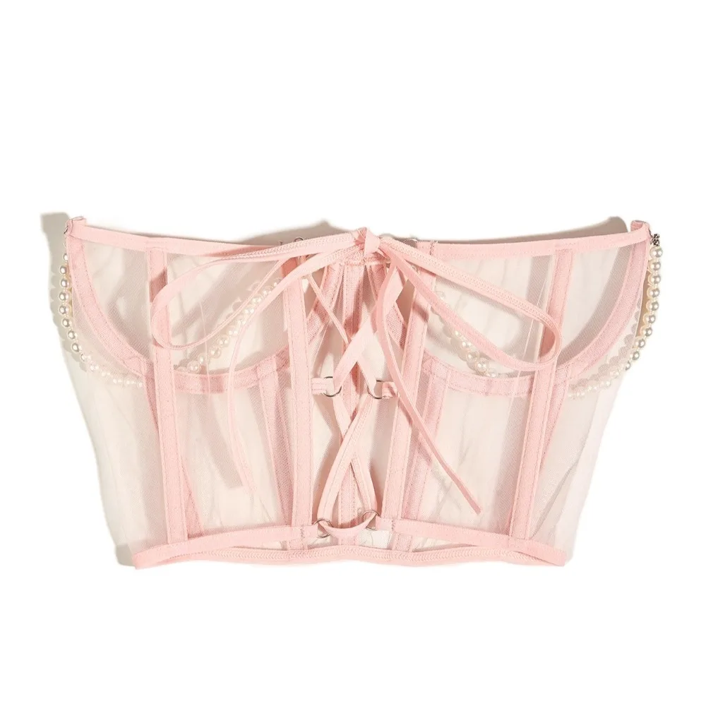 

Simple Pearl Chain Mesh Cummerbunds Bustiers Tied High Waist Female Waistband Strap Transparent Wide Waist Belt Women