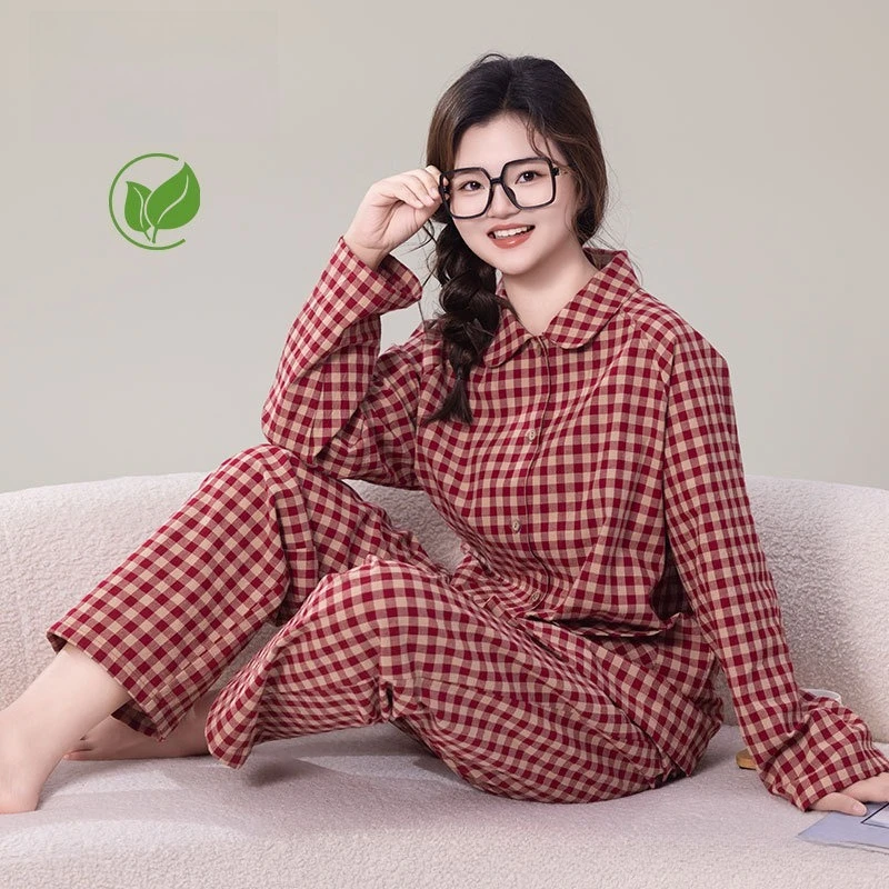 Women's 100% A-Class Cotton Pajama Set Ultra Soft Infant Grade Peter Pan Collar Plaid Sleepwear Loose Home Wear Autumn Spring