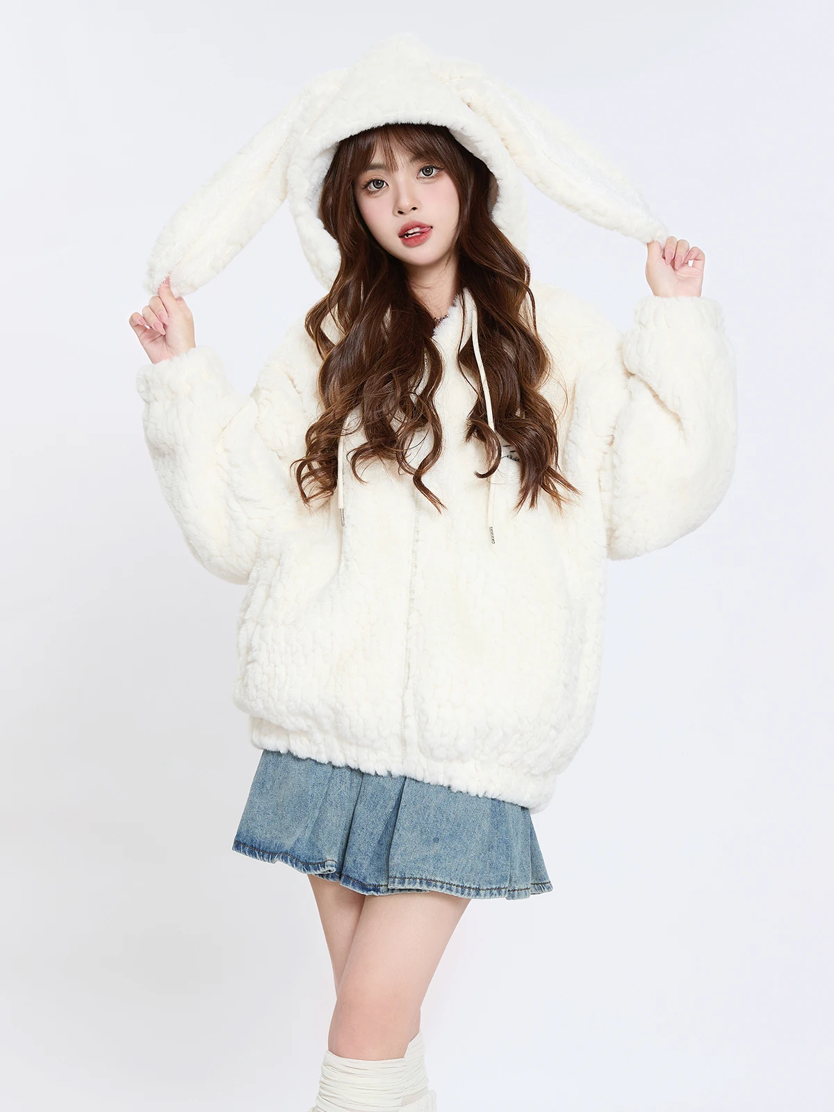 

Winter Cotton Jaet Women's Soft Lamb Velvet Hooded Coat Rabbit Ear Design Casual Comfortable Fit Long Sve Zipper Closure