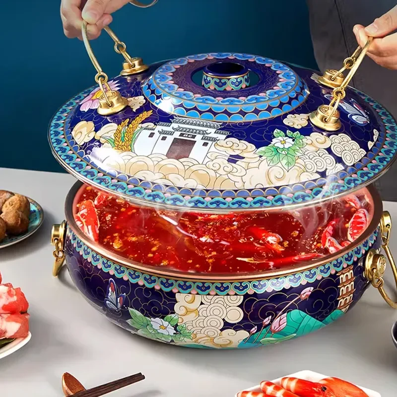 Universal Copper Hot Pot for Induction Cooker and Gas Stove Flat Bottom Enamel Mutton Shabu Mandarin Duck Pot Ice Hot Pot