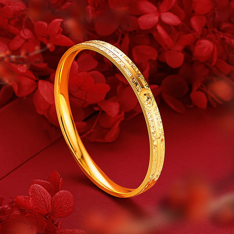 9999 24K Real Gold Lucky Grass Light Luxury Crushed Ice Pattern Bracelet with CNC Burst Flash Closed Loop Plain Circle Bracelet