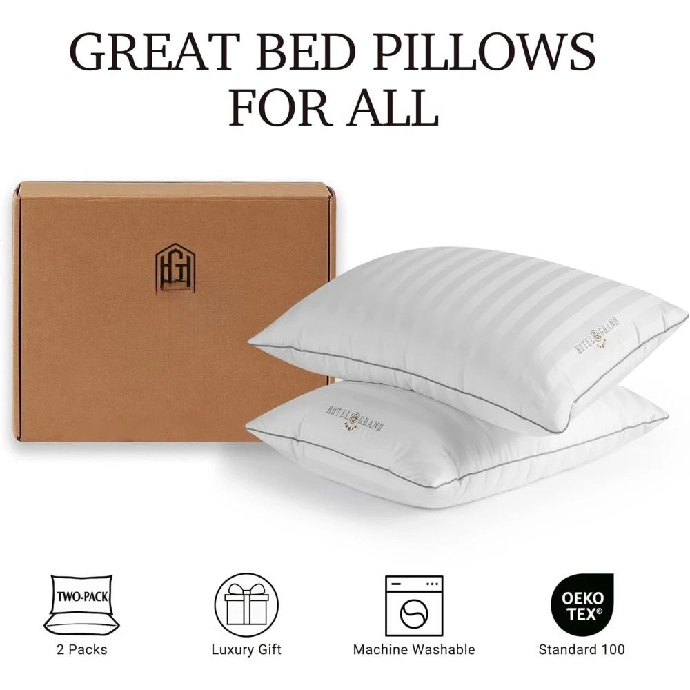 

Softy Feather Down Pillows King Size Set of 2 White Striped 100% Cotton Bed Pillows for All Position Sleepers