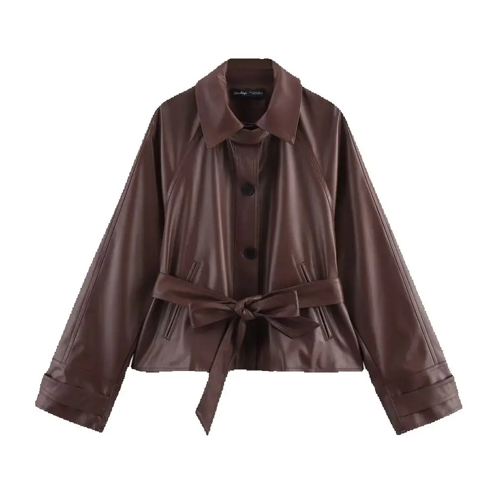 

Женский свободный топ из искусственной кожи с воротником, длинными рукавами, карманами на пуговицах и карманом на поясе, новая модная куртка весна/лето