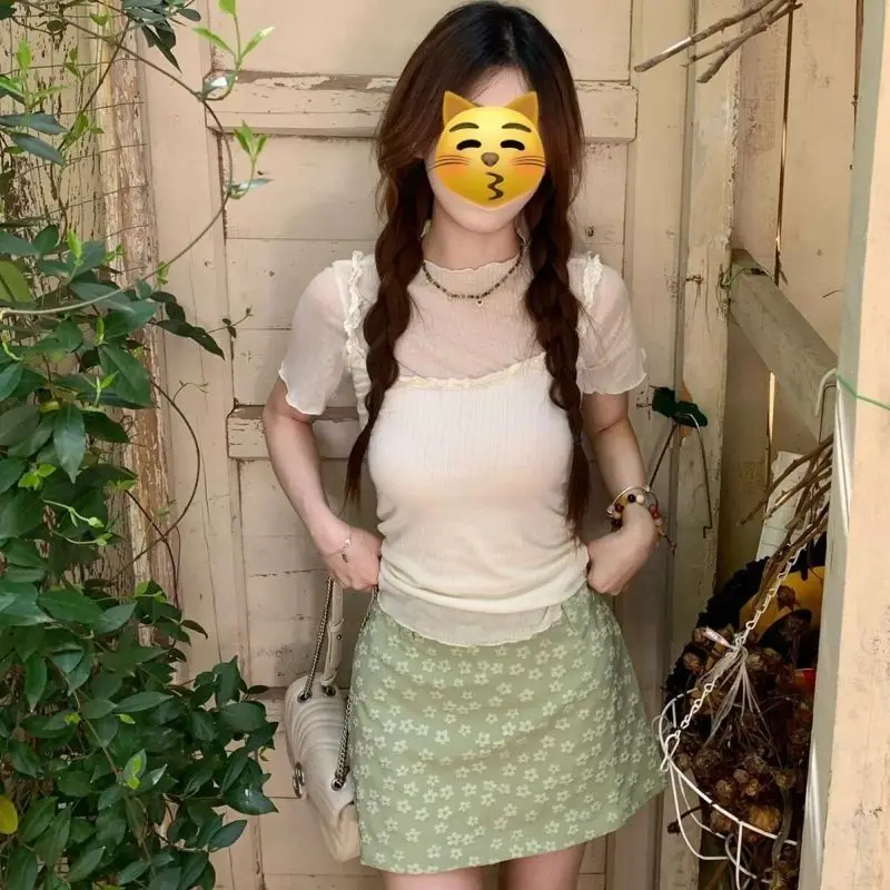 

Sweet Korean Summer Fashion All Match Three Piece Sets Soft Solid Shirt White Spliced Lace Tank Tops Y2k Aesthetic Flower Skirts