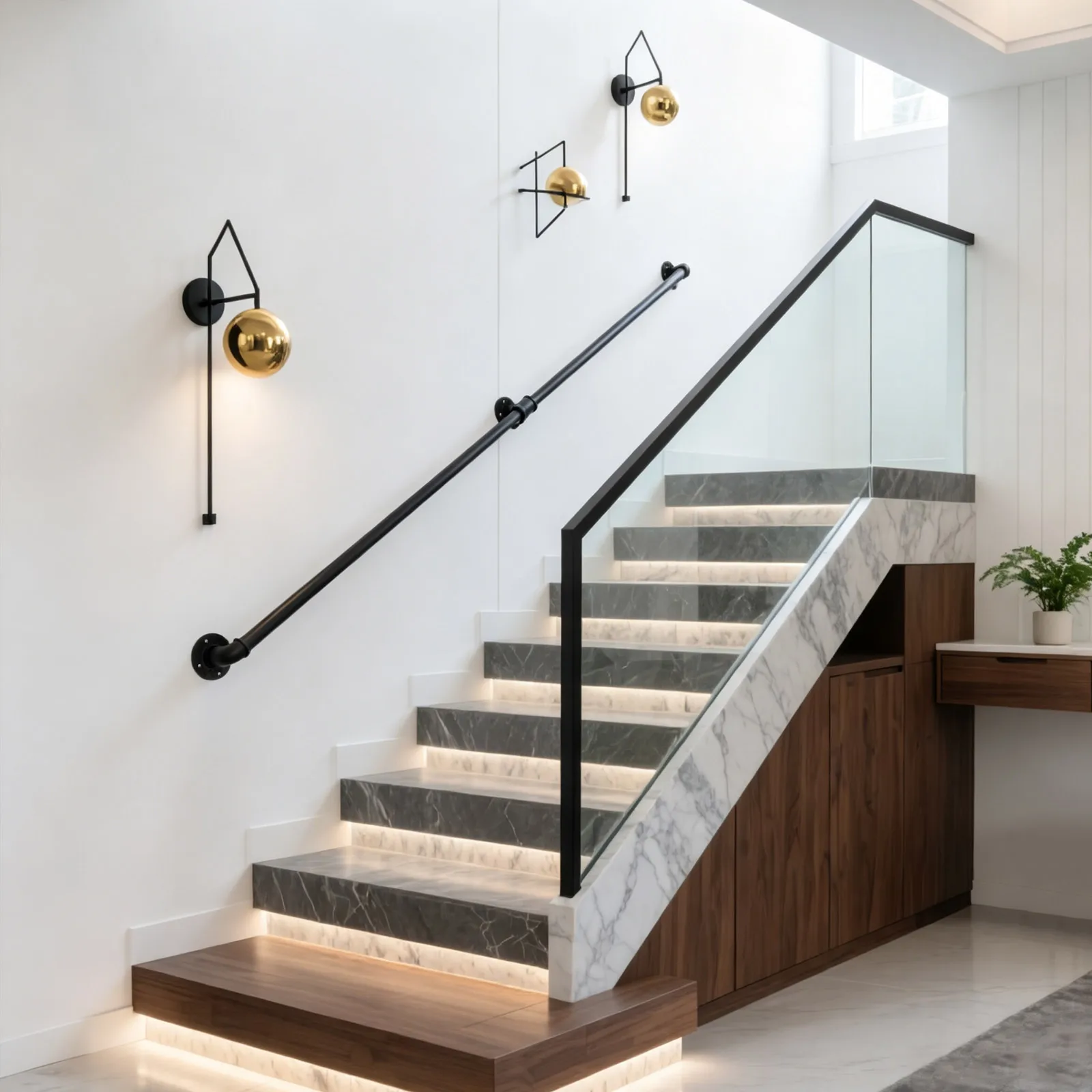 6.6FT Stair Handrail Wall Mount Metal Stair Railing Indoor And Outdoor Non-Slip Industrial Pipe Railing,Black,Round Corner