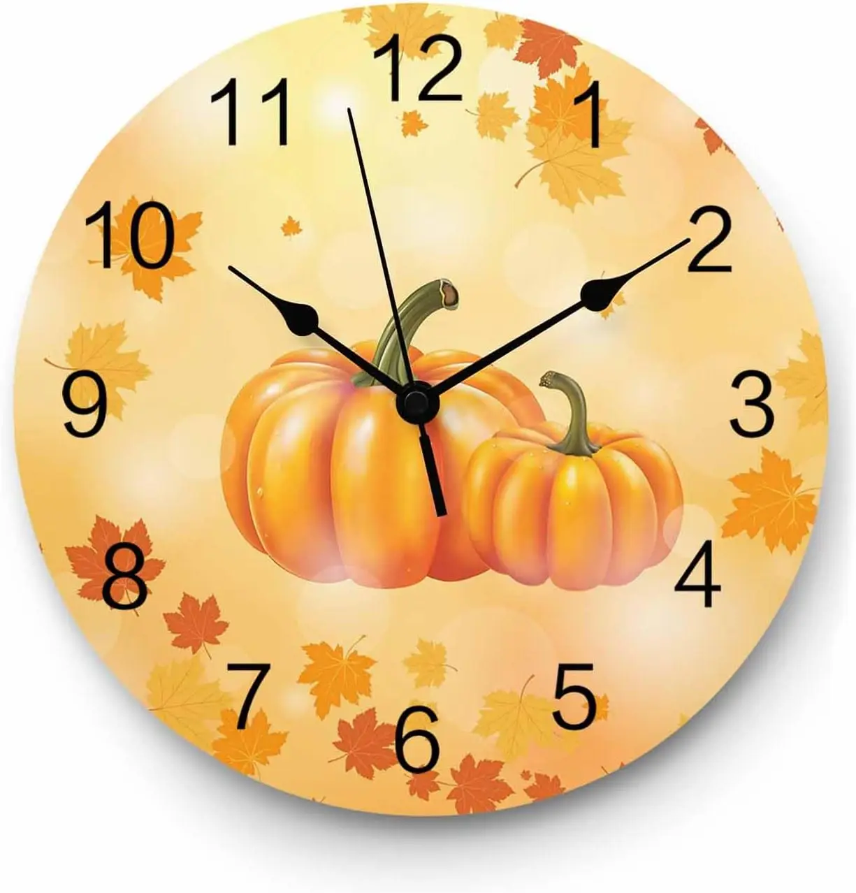 Fall Wall Clock Orange Pumpkin Clocks PVC Silent Non-Ticking Battery Operated Decorative Autumn Maple Leaves Harvest