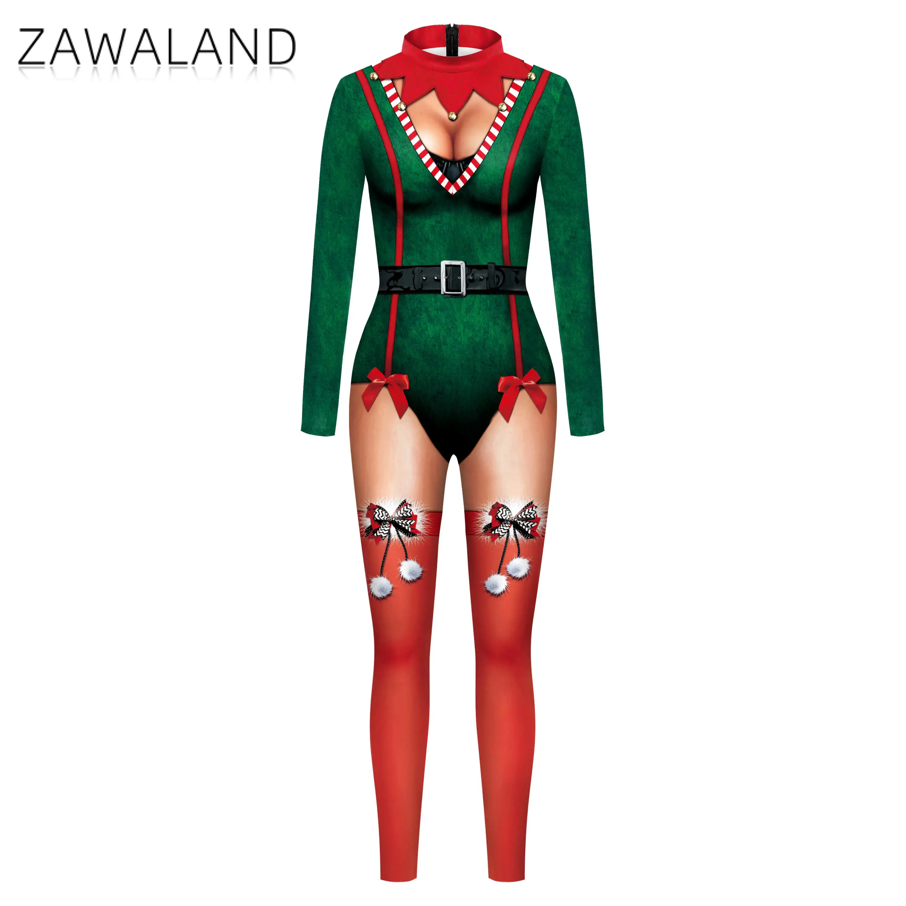 Zawaland Christmas manica lunga Festival Party Performance Costume stampato in 3D Zentai Cosplay Zipper Spandex Catsuit body