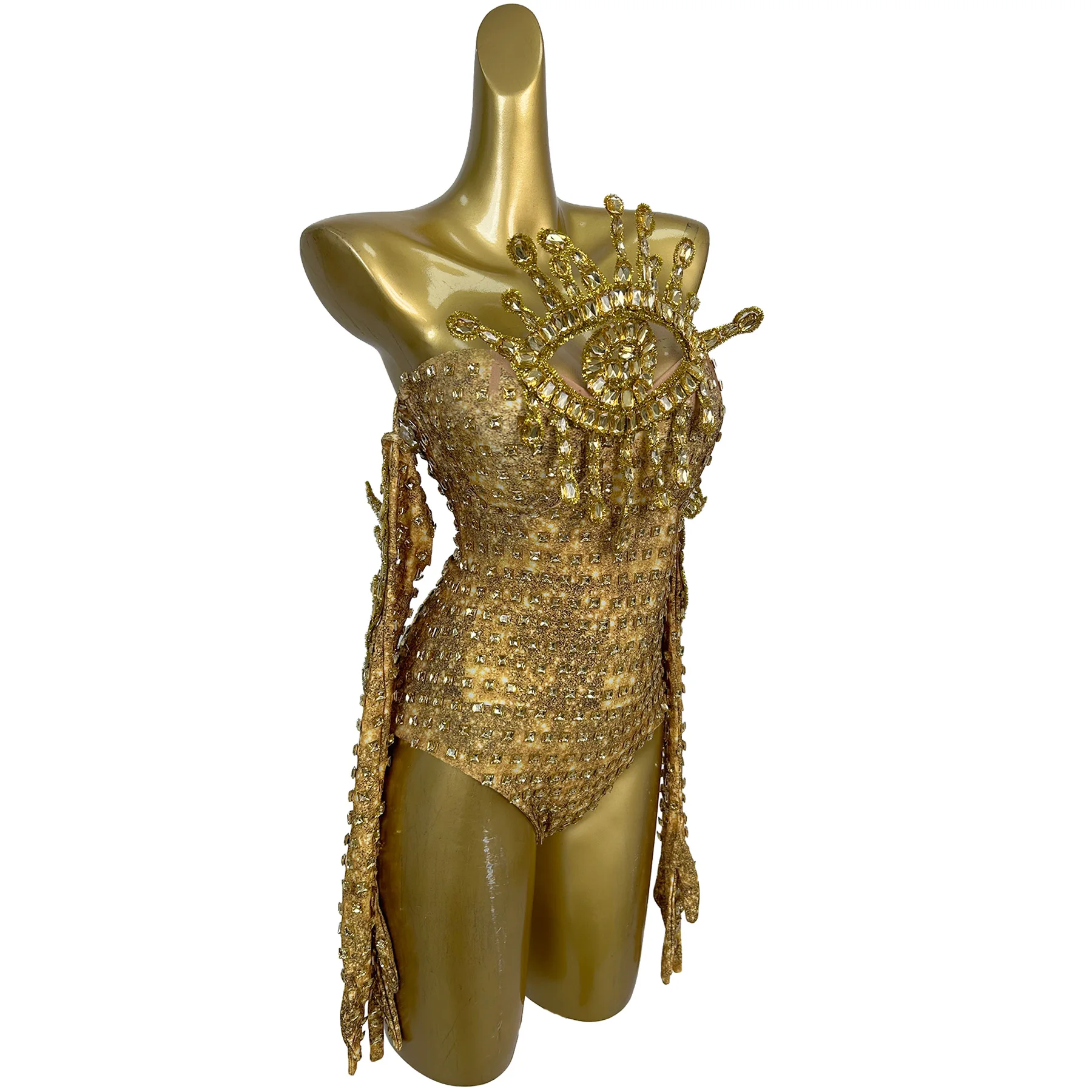 Women Sparkly Rhinestone Gold Spandex Elastic Bodycon Bodysuit Night Out Party Outfit Club Stage Performance Sexy Wear Jinjing