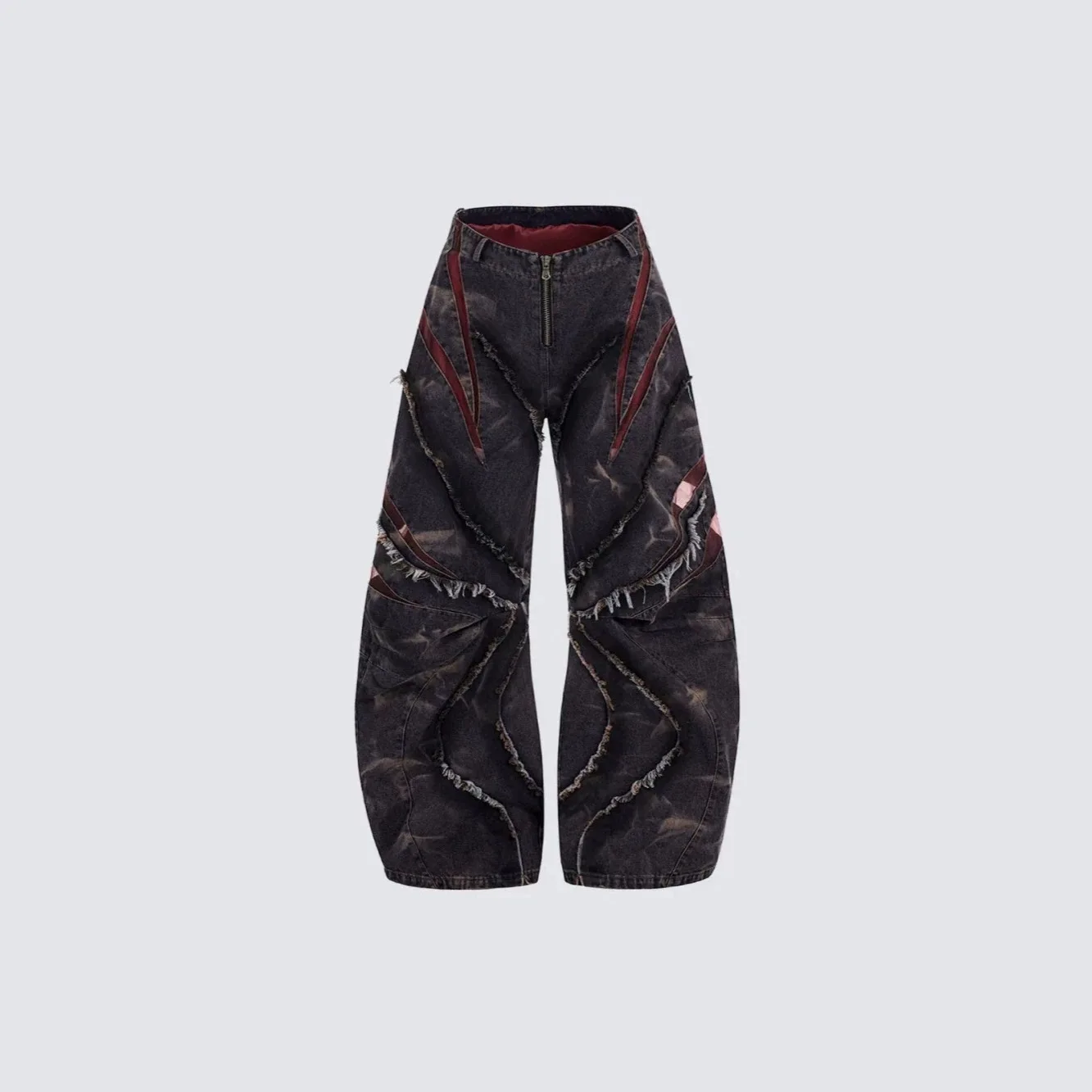 Men Spring Snowflake Wash Curved Jeans, Raw Edge Spliced Mesh Wide Leg High Street Denim