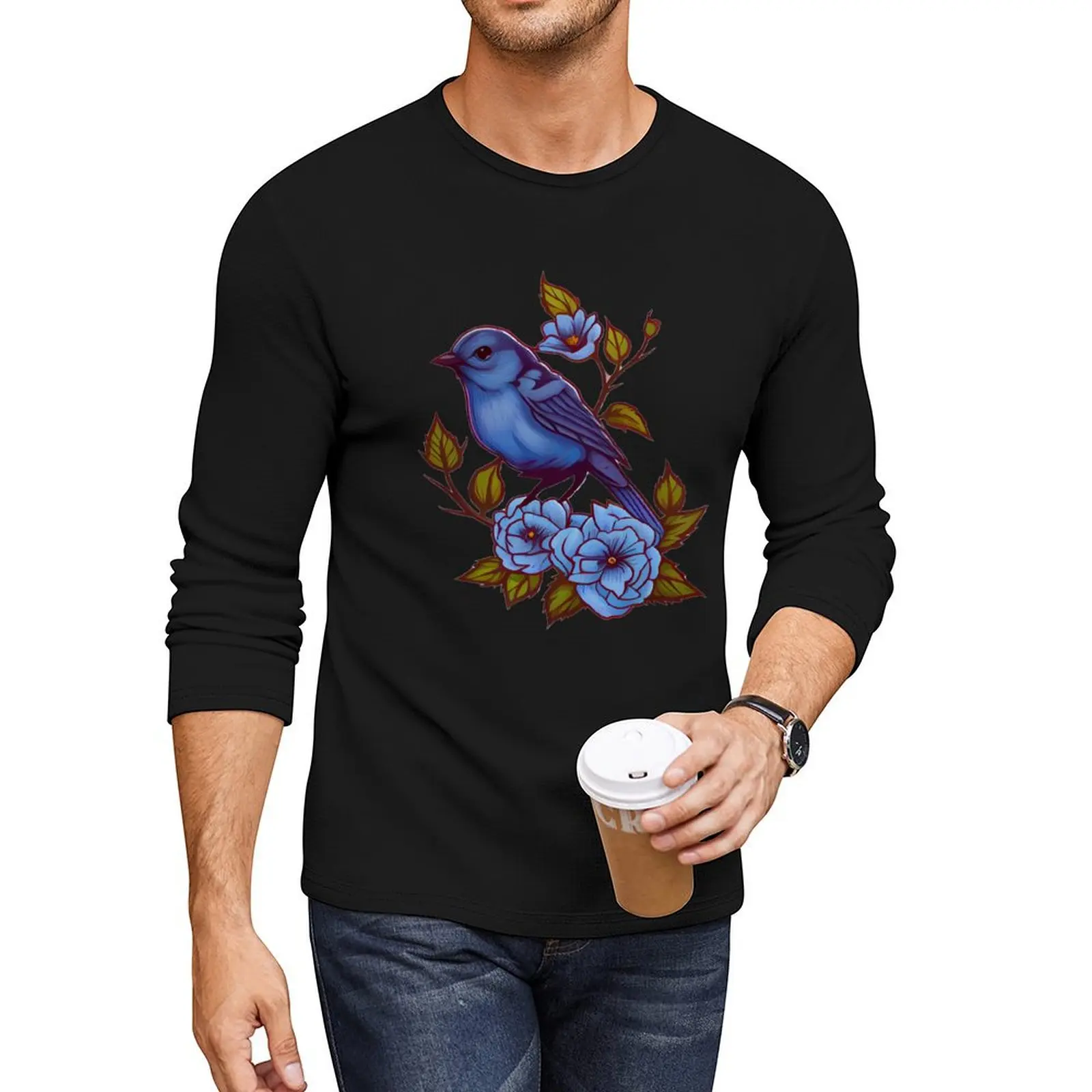 Blue Birds Tattoo Long T-Shirt T-shirt for a boy anime clothes Men's t-shirts